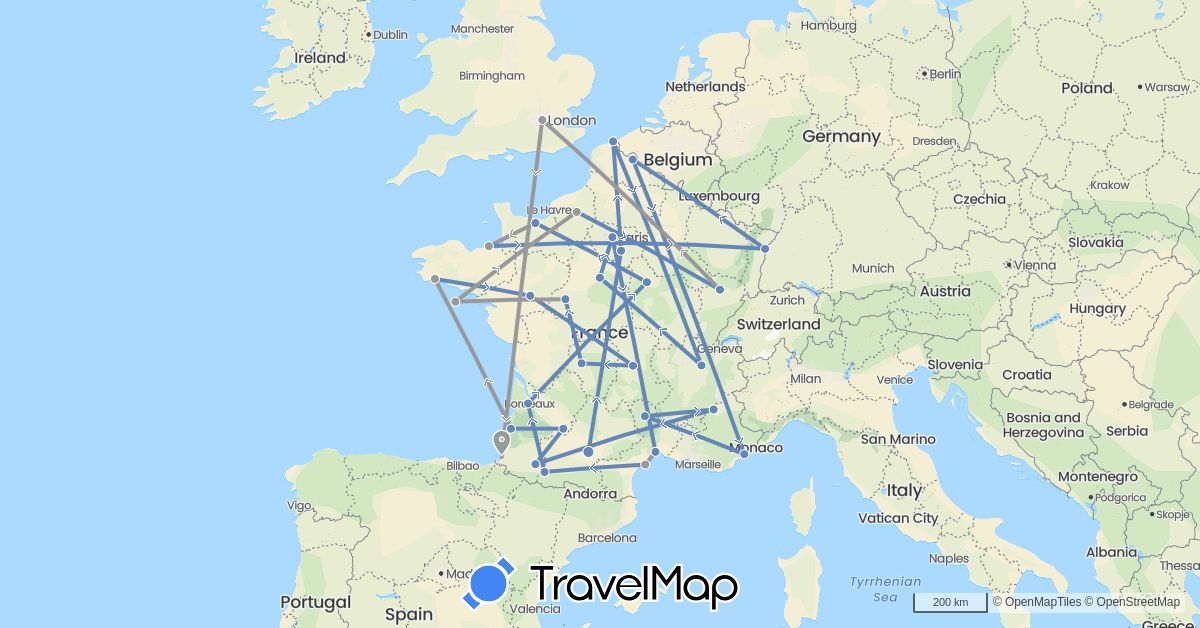 TravelMap itinerary: plane, cycling in France, United Kingdom (Europe)